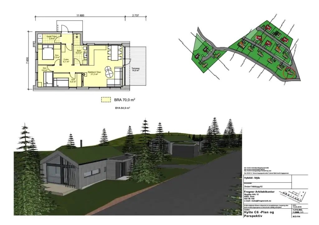Modell av fritidshytte med moderne arkitektur, omgitt av natur, med detaljert plantegning og 3D-visning på en byggeplass i Norge.